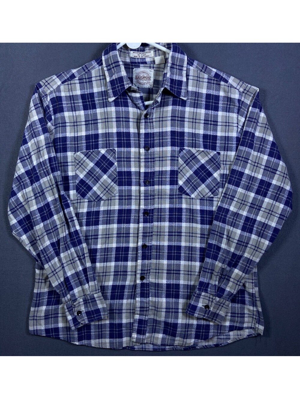 Vintage Saugatuck Dry Goods Mens Blue/White Plaid Button-Up Shirt Point Large